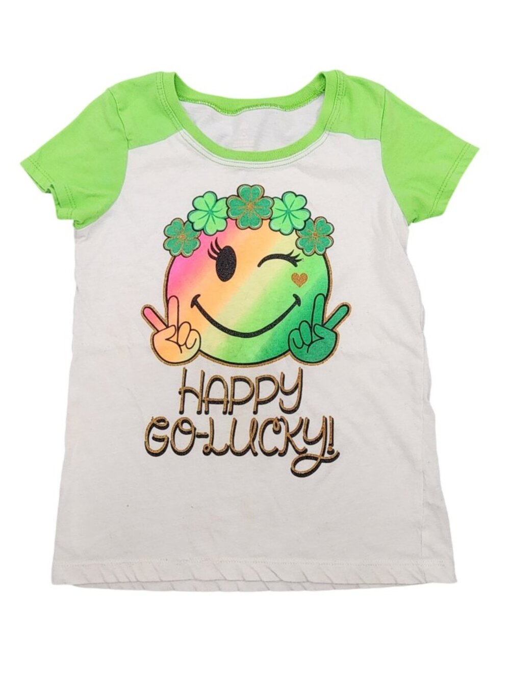 Girl's St. Patty's Day Happy Go Lucky Tee T-Shirt White Green Medium Shamlocks